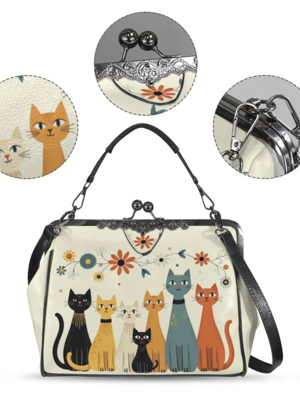 Retro Cat Group Kiss Lock Crossbody Shoulder Purse Waxed PU Leather Bag - Picture 4 of 9